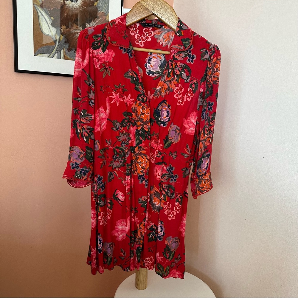 Zara Red Floral Crepe Dress